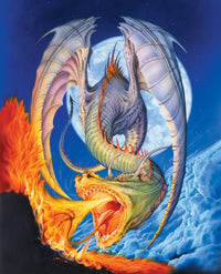 Fire Moon Dragon Poster Print by Robin Koni featuring a majestic dragon under a fiery moon.