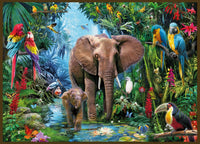 Jungle Elephants Poster Print by Jan Patrick featuring majestic elephants in a vibrant jungle setting.