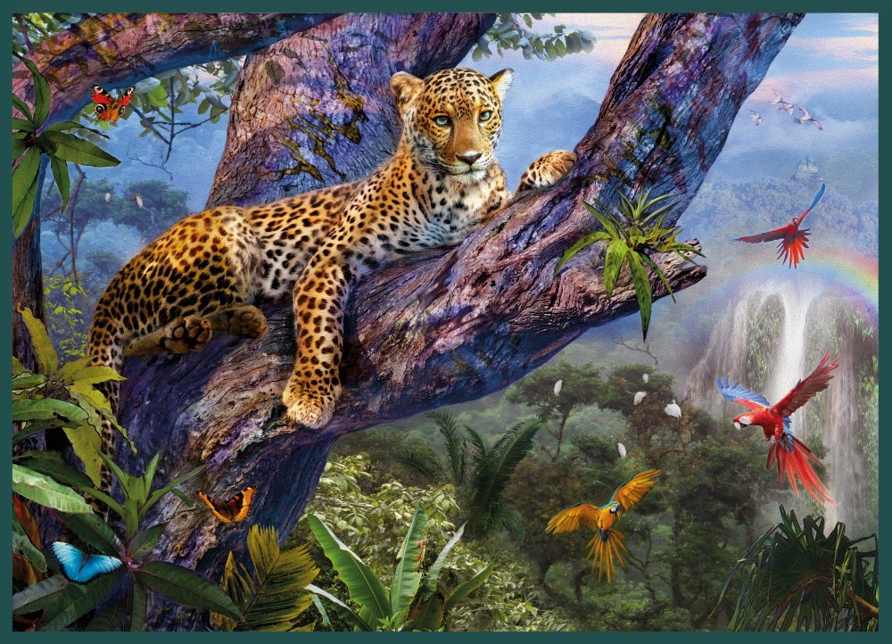 Leopard Tree Poster Print by Jan Patrick showcasing a leopard in a vibrant tree.