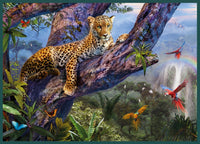 Leopard Tree Poster Print by Jan Patrick showcasing a leopard in a vibrant tree.