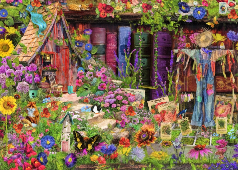 The Scarecrow's Garden poster print by Aimee Stewart, vibrant garden scene artwork.