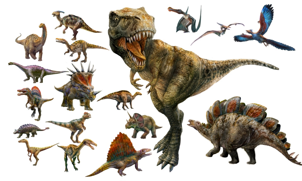 18 Individual Dinosaurs Poster Print by Jan Patrick showcasing colorful dinosaur illustrations.