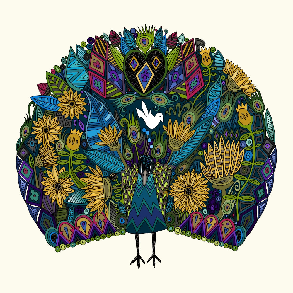 Peacock Garden Poster Print by Sharon Turner showcasing vibrant peacock colors in a lush garden.
