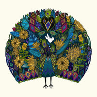Peacock Garden Poster Print by Sharon Turner showcasing vibrant peacock colors in a lush garden.
