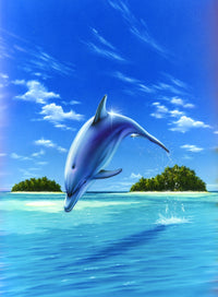 Mid-day Dolphin Poster Print by Robin Koni showcasing dolphins in vibrant ocean colors.