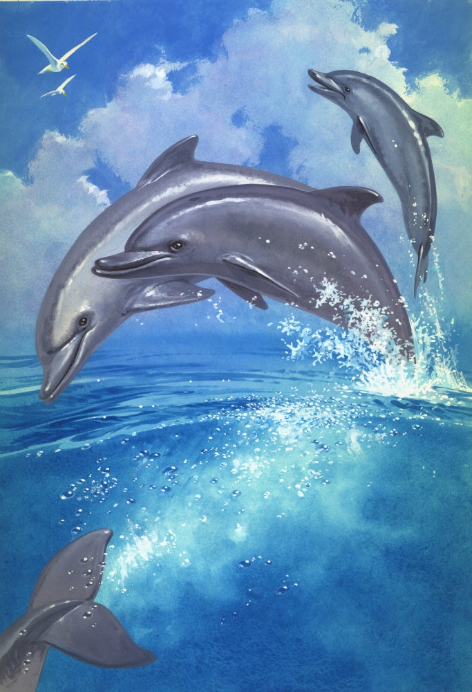 Dolphins at Play Poster Print by John Francis, showcasing playful dolphins in vibrant colors.
