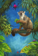 Squirrel Monkey on Branch Poster Print by John Francis, showcasing a playful monkey in vibrant colors.