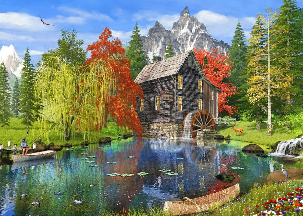 Fishing by the Mill Poster Print by Dominic Davidson showcasing a tranquil fishing scene.
