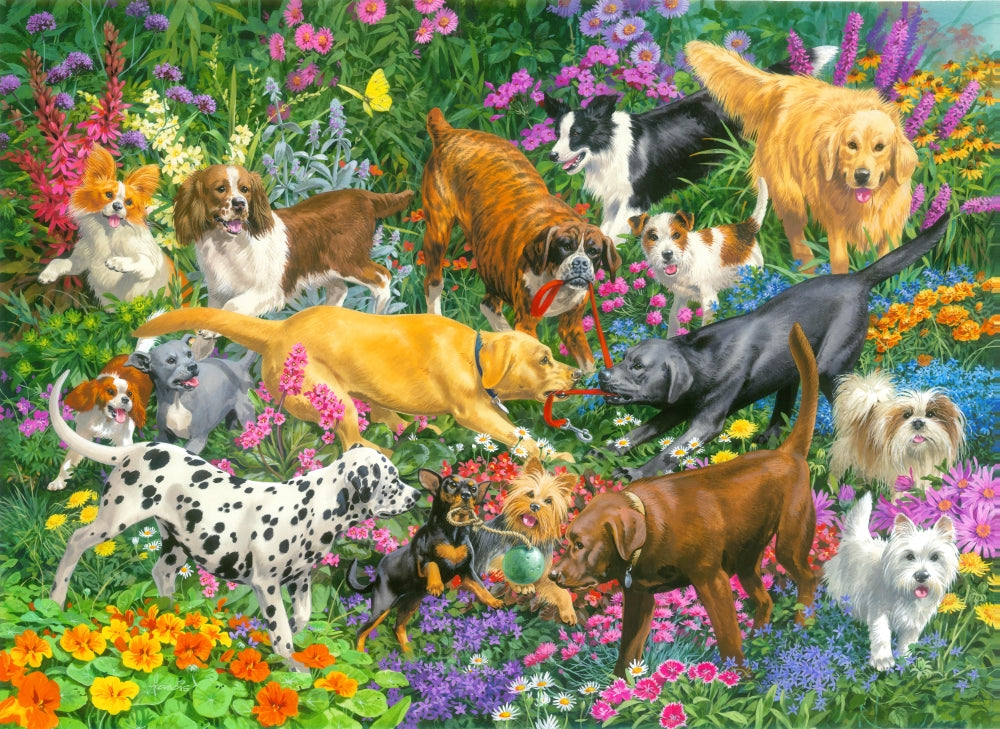 Playful Dogs Poster Print by John Francis showcasing colorful dog illustrations.