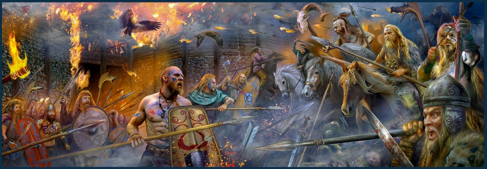 Tribal War 100 AC Poster Print by Jan Patrick showcasing vibrant colors and cultural motifs.