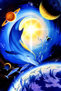 Astral Dolphin 3 Variant 1 Poster Print by Robin Koni, featuring dolphins in a cosmic landscape.