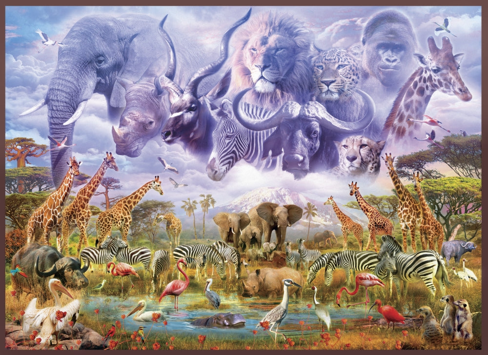 Waterhole Guardians Poster Print by Jan Patrick depicting wildlife at a waterhole.