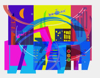 Playing Shapes City 01 Poster Print by Joost Hogervorst, colorful urban art design.