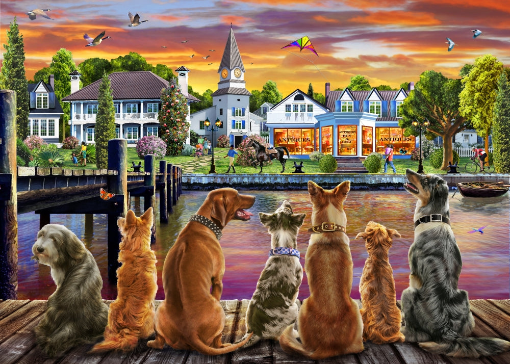 Dogs on the Quay poster print by Adrian Chesterman featuring playful dogs by the water.