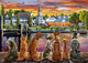 Dogs on the Quay poster print by Adrian Chesterman featuring playful dogs by the water.