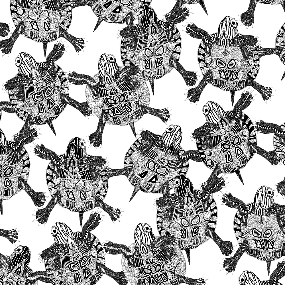 Turtle Party black and white poster print by Sharon Turner, showcasing a whimsical gathering of turtles.