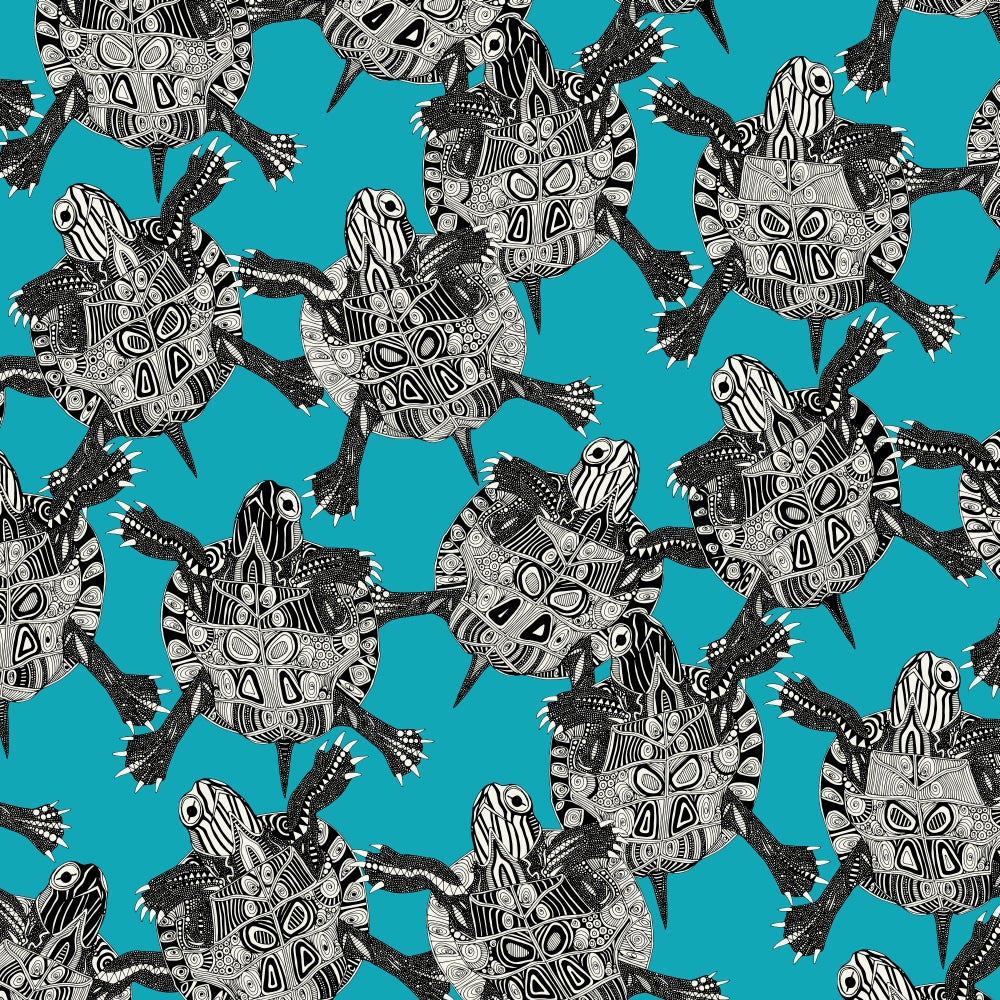 Turtle Party Surf Blue Poster Print by Sharon Turner, vibrant beach-themed artwork.