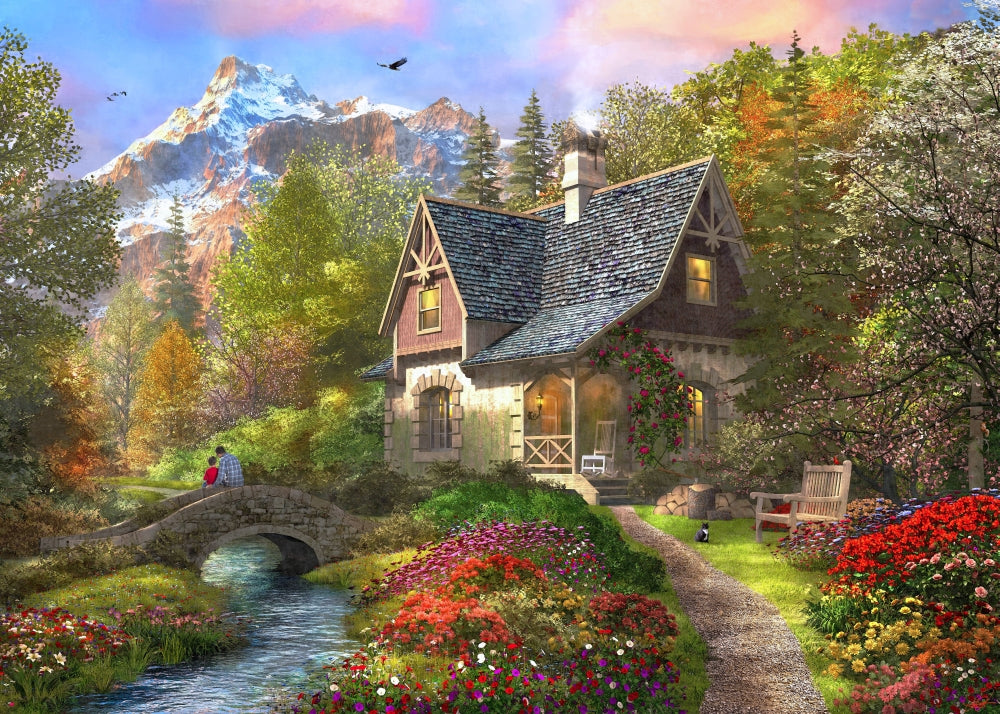 The Log Home Poster Print showcasing a beautiful rustic log cabin in nature.