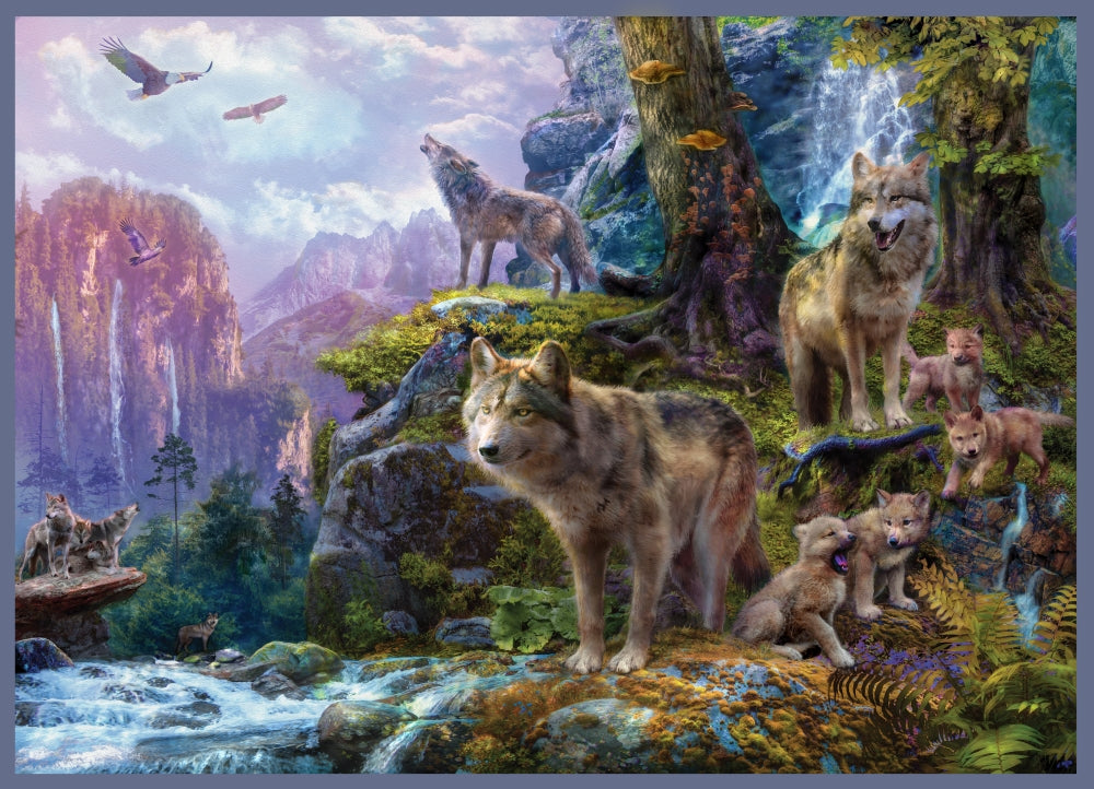 Wolves by the River Poster Print by Jan Patrick showcasing wolves by a river.