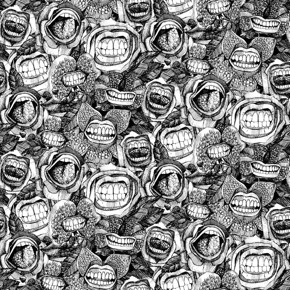 BITE ME Roses and Orchids black and white pattern poster print by Sharon Turner
