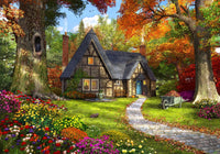 Cozy cottage poster print in an autumn woodland setting.