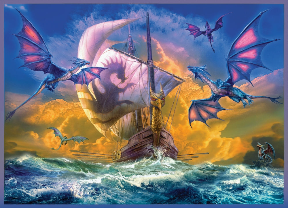 Dragons and Ship Art Print by Jan Patrick showcasing a ship and dragons.