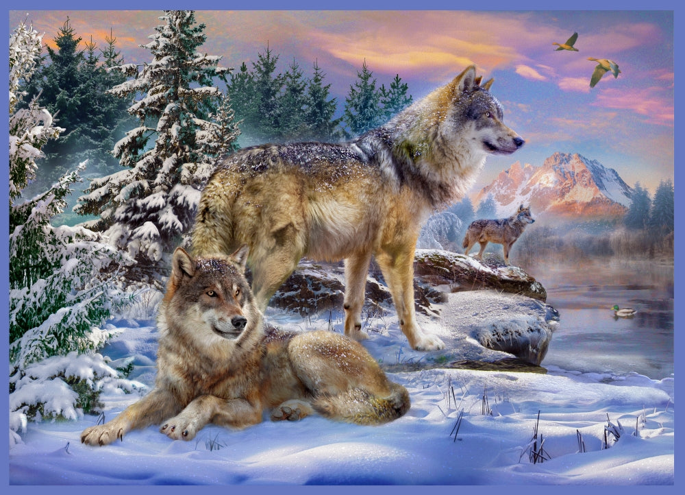 Wolves in Winter Poster Print by Jan Patrick, showcasing wolves in a snowy landscape.