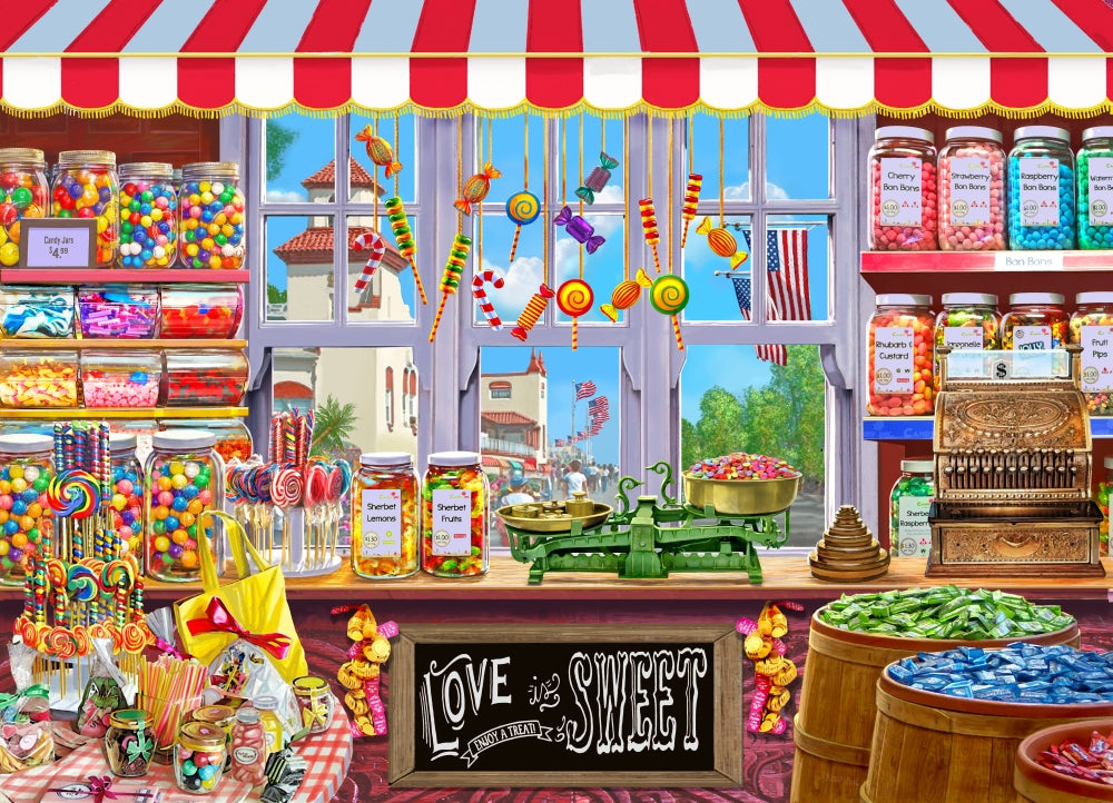 Sweetshoppe Poster Print by Steve Crisp showcasing a colorful candy shop theme