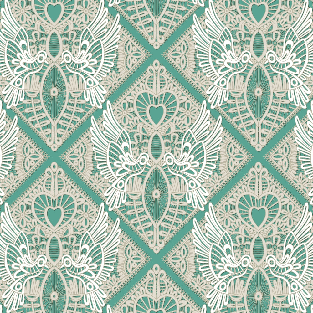 Love Bird Lace Mint Poster Print by Sharon Turner featuring romantic love birds in a delicate lace design.