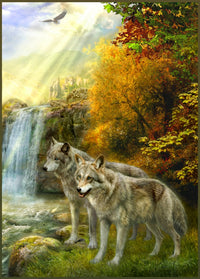 Wolf Falls Poster Print by Jan Patrick showcasing wolves near a waterfall.