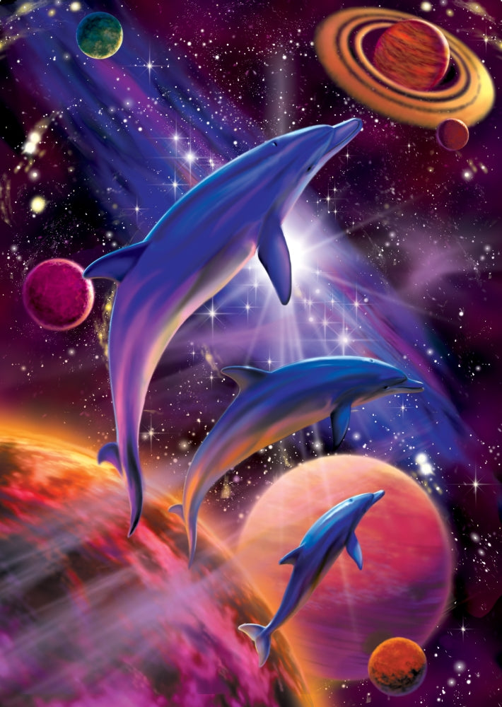 Astral Dolphin 6 Poster Print by Robin Koni showcasing a dolphin in vibrant underwater scenery.