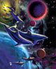 Dolphin Left Poster Print showcasing a dolphin in a vibrant aquatic scene.