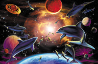 Dolphin Middle Poster Print by Robin Koni, showcasing graceful dolphins in the ocean.