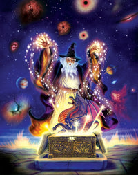 Wizard Dragon Spell Poster Print by Andrew Farley featuring a mystical dragon and wizard.