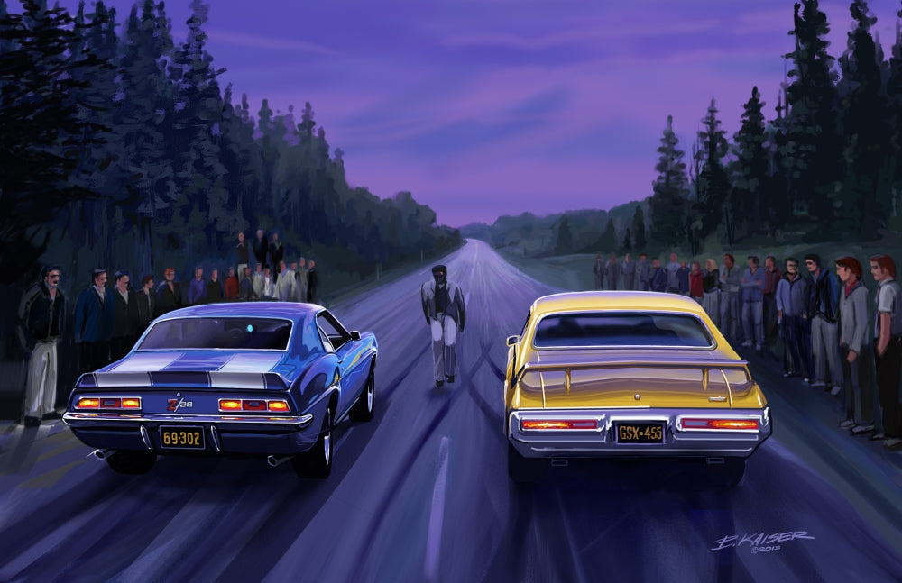 Back Road Races Poster Print by Bruce Kaiser showcasing vibrant racing scenery.