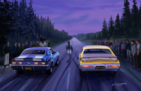 Back Road Races Poster Print by Bruce Kaiser showcasing vibrant racing scenery.