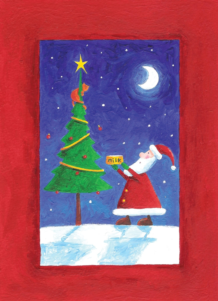 Santa's Pet Cat Poster Print by Peter Adderley featuring a playful cat in festive attire.