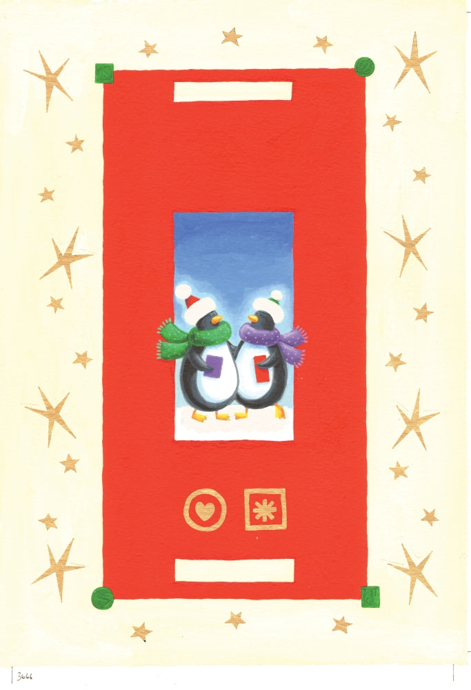 Two Christmas Penguins Poster Print by Peter Adderley, festive holiday artwork.