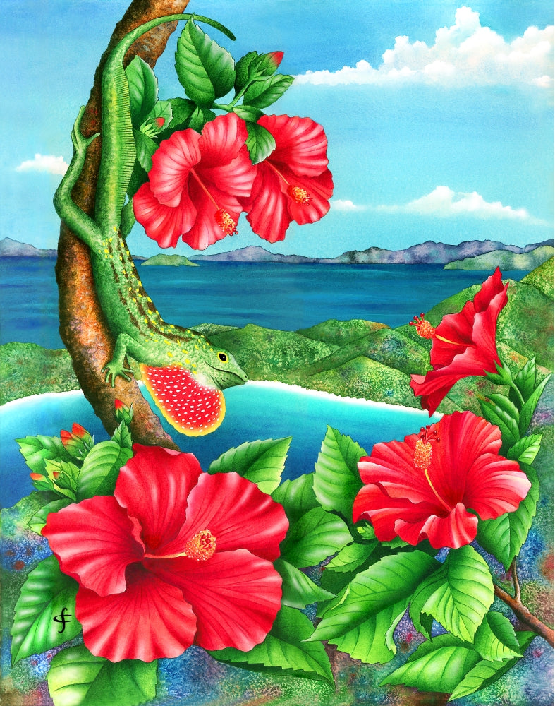 Liming' Lizard Poster Print featuring a colorful lizard basking in sunlight.