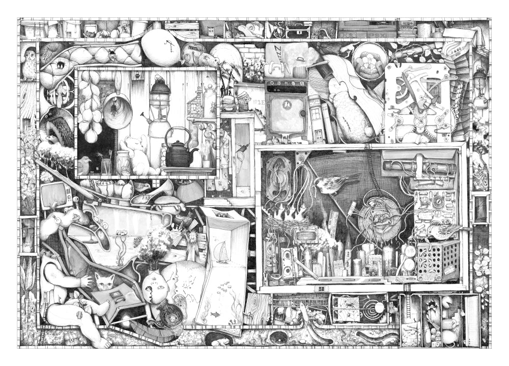 The Junkyard Poster Print by Colin Thompson featuring a colorful scene with whimsical objects.