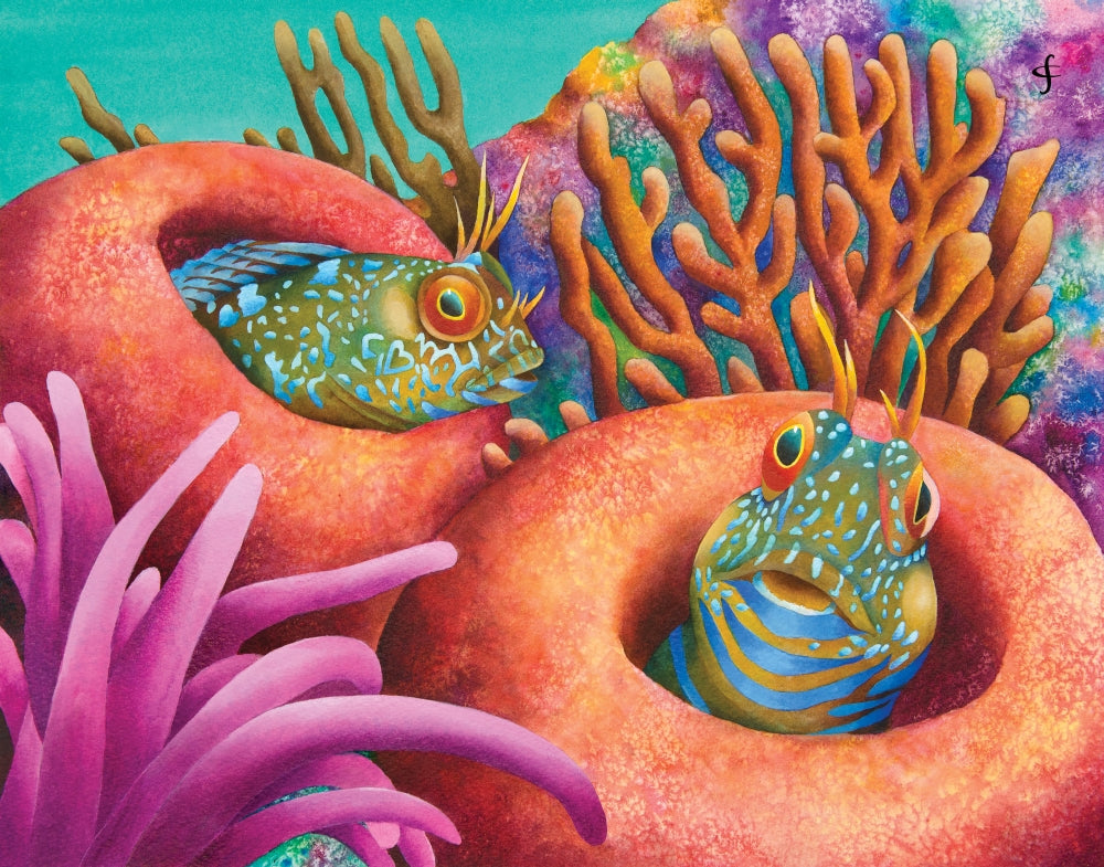 Seaweed Blennies Poster Print by Carolyn Steele showcasing colorful marine life.