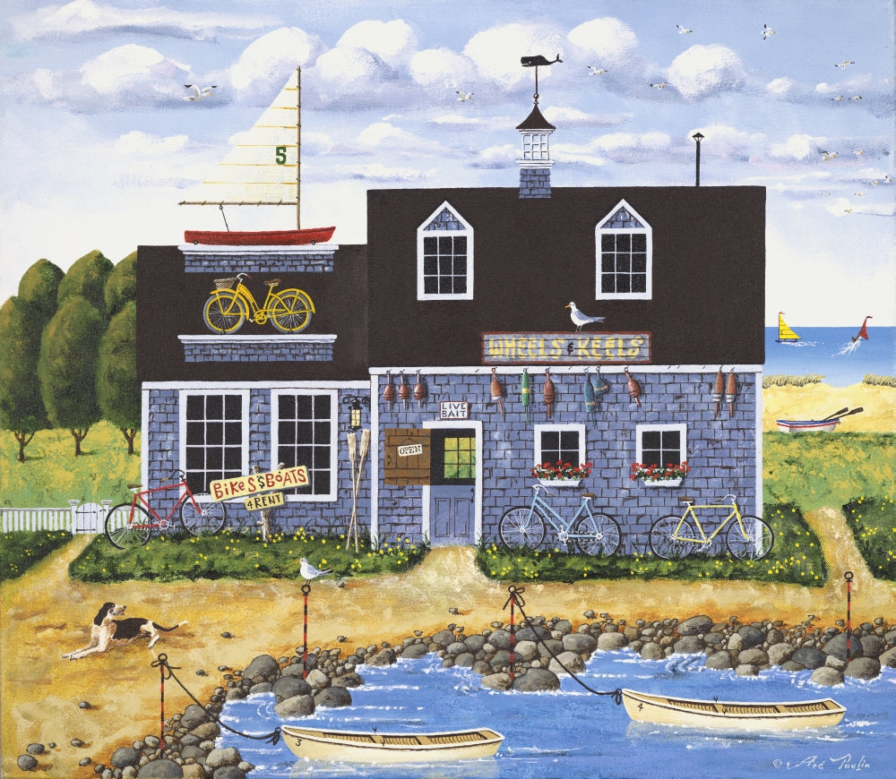 Wheels and Keels Poster Print by Art Poulin showcasing nautical and vintage vehicle themes.