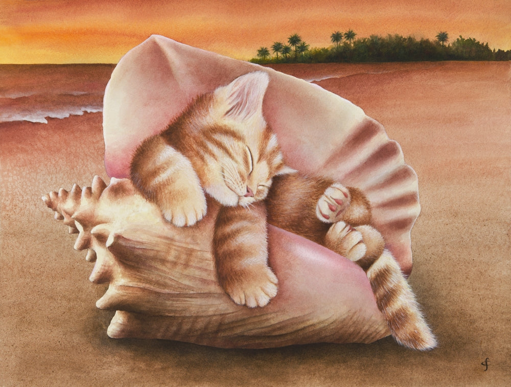 Conch Kitten Poster Print featuring an adorable kitten in a conch shell.