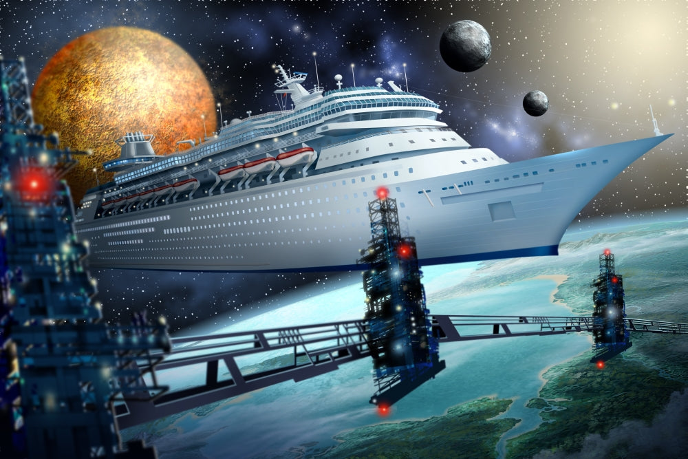 Space Ship Poster Print by Ciro Marchetti featuring a colorful spaceship in a cosmic landscape.