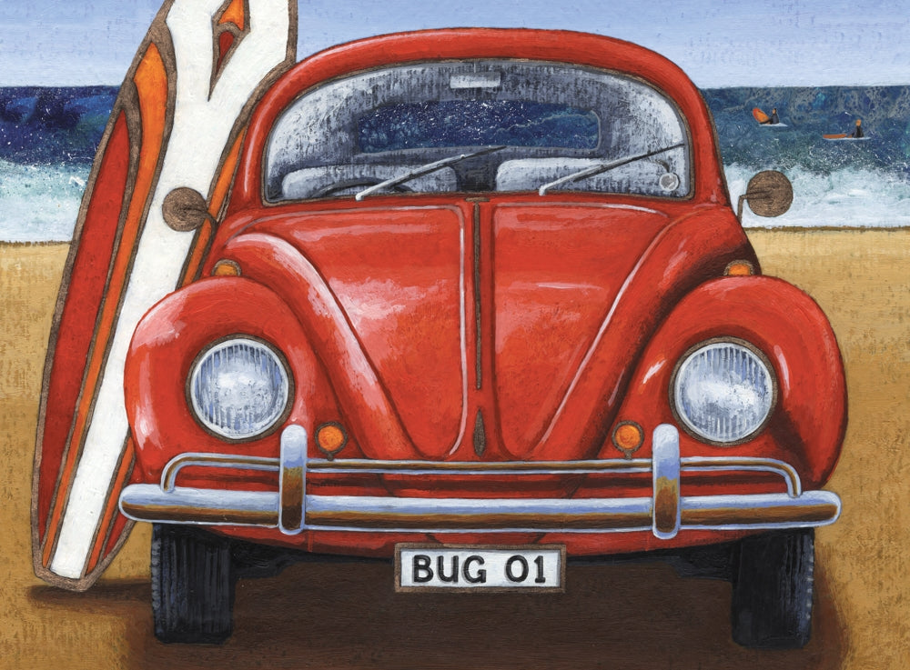 Beetle On The Beach poster print by Peter Adderley, colorful beach scene with classic beetle.