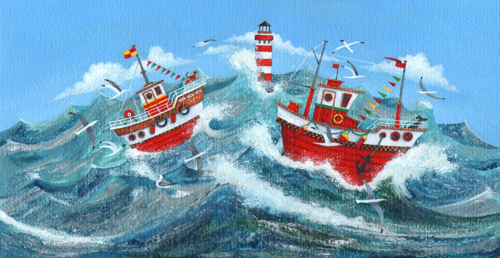 Red Boats Poster Print by Peter Adderley, vibrant maritime artwork.