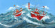 Red Boats Poster Print by Peter Adderley, vibrant maritime artwork.