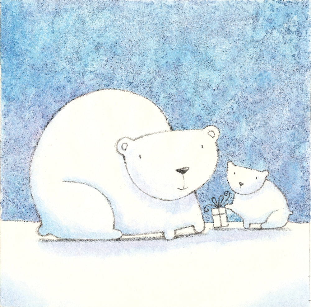 Christmas Polarbears Poster Print featuring cute polar bear cubs in a snowy landscape.