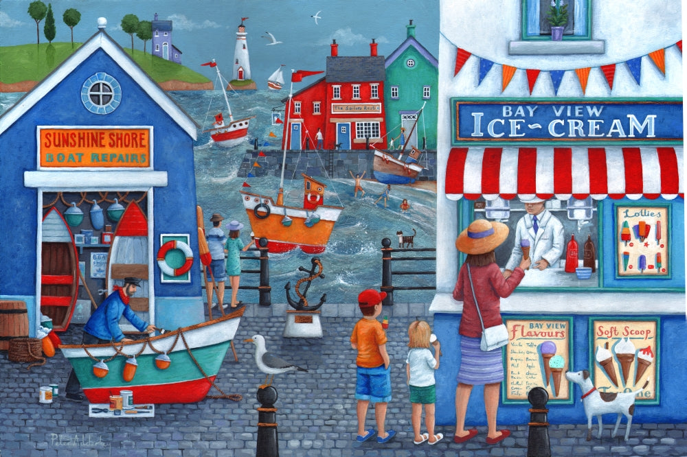 Seaside Ice Creams Poster Print by Peter Adderley featuring vibrant ice cream cones and ocean backdrop