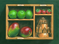 Fruit Shelf Poster Print by Brian James showcasing a colorful arrangement of fruits.